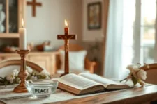 Altar casero con Biblia, vela encendida, tazón de agua y cruz decorativa.