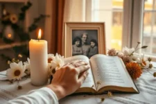 Biblia abierta rodeada de flores, vela encendida y mano descansando sobre la página, con un retrato familiar al fondo. Oraciones Poderosas por la Salud de un Ser Querido