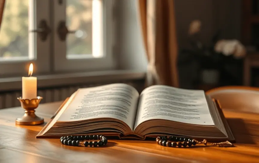 "Mesa de madera con Biblia abierta, rosario y vela encendida junto a ventana. Salmos para Proteger a tu Familia y Hogar