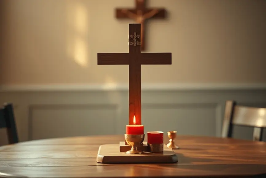 Cruz de madera con adornos dorados, cáliz dorado y vela roja en mesa de madera. Oraciones a la Sangre de Cristo para Todos los Días, Casos Difíciles y Sellamiento