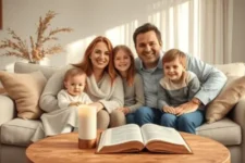 Familia sonriente sentada en un sofá acogedor junto a una mesa con una biblia abierta y una vela encendida.