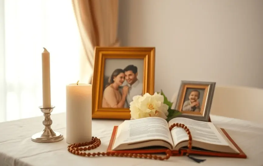 Mesa decorada con una biblia para Oraciones por los Hijos para Protección y Bendición, rosario, vela encendida y fotos familiares enmarcadas en un ambiente cálido y luminoso.