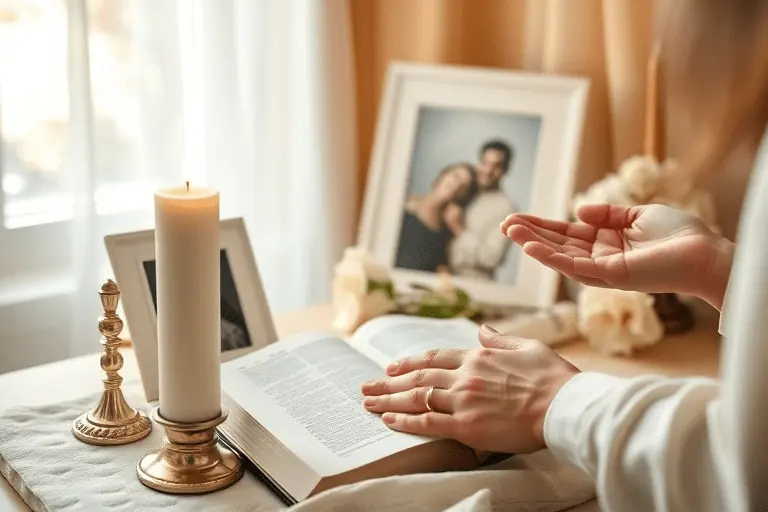 Mesa con Biblia abierta, vela encendida y una mano rezando, con un retrato familiar en el fondo.