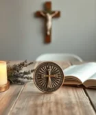 Mesa con biblia abierta, vela encendida, medalla religiosa de san Benito, lavanda y crucifijo de fondo en una habitación luminosa.