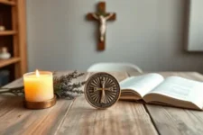 Mesa con biblia abierta, vela encendida, medalla religiosa de san Benito, lavanda y crucifijo de fondo en una habitación luminosa.