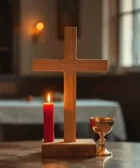 Mesa con cruz de madera, cáliz dorado y vela roja encendida en ambiente cálido. Oraciones a la Sangre de Cristo