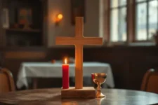 Mesa con cruz de madera, cáliz dorado y vela roja encendida en ambiente cálido. Oraciones a la Sangre de Cristo