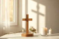 Mesa iluminada con cruz de madera, flores blancas y velas encendidas bajo la luz solar.