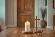 Mesa de madera con una cruz de madera, una vela encendida y un recipiente de metal, con puerta de madera en el fondo.