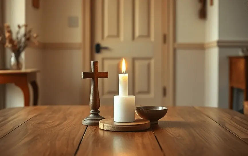 Mesa de madera con una cruz de madera, una vela encendida y un recipiente de metal, en un ambiente sereno. "Oraciones para Alejar el Mal y Proteger tu Hogar"