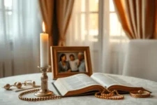 Mesa elegante con una biblia para Oraciones por los Hijos para Protección y Bendición rosario de cuentas doradas, vela encendida y fotos familiares en un fondo de cortinas doradas y blancas.