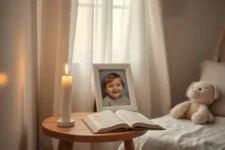 Mesa de noche con Biblia abierta, vela encendida, osito de peluche y foto de un niño sonriente. Oraciones por la Salud y Bienestar de tus Hijos