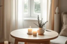 Mesa redonda de madera con tres velas encendidas y un jarrón con ramas verdes frente a una ventana iluminada.