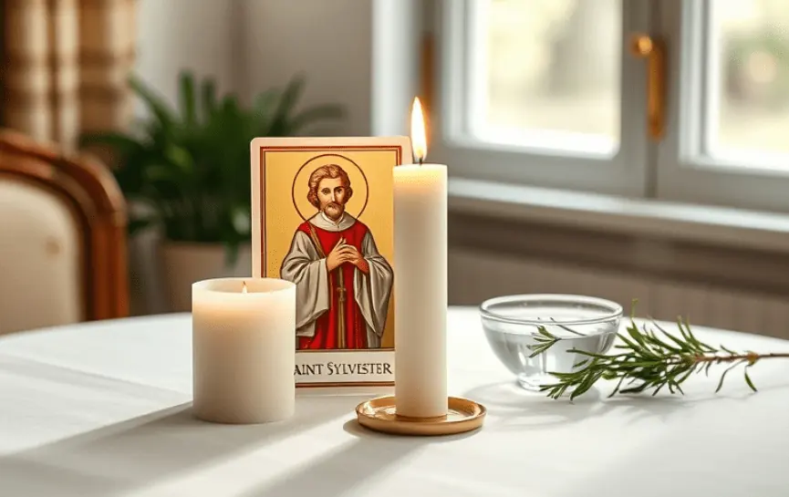 "Mesa con imagen de Oración a San Silvestre para la Protección del Hogar, dos velas encendidas, romero y agua bendita en un plato.