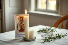 Mesa decorada con imagen de Oración a San Silvestre para la Protección del Hogar, velas encendidas, romero y agua bendita.