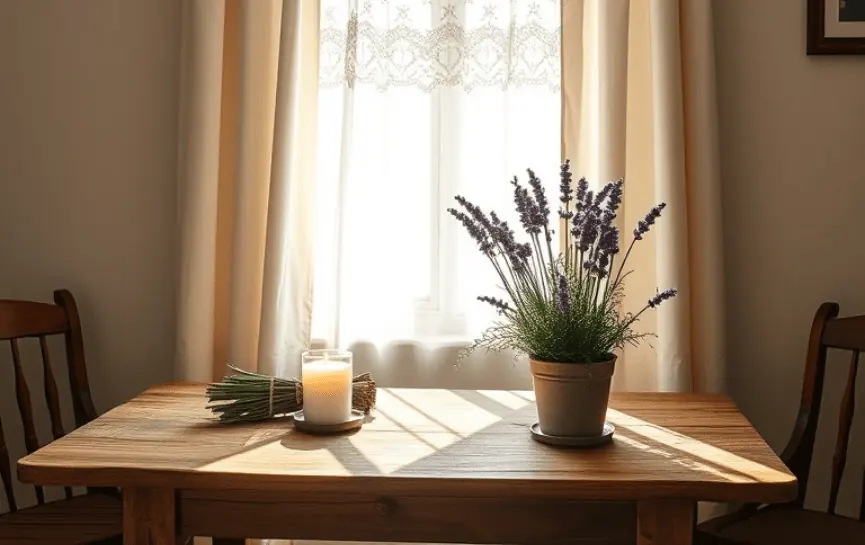 Limpieza Espiritual del Hogar. Mesa de madera con una vela encendida y un ramo de lavanda junto a una ventana con cortinas claras.