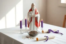 Beneficios de la oración a San Cipriano en el amor y situaciones difíciles: Una composición con un cuenco de rosas blancas y lilas en el centro, rodeado de pétalos y dos velas púrpuras encendidas en un ambiente luminoso y sereno.