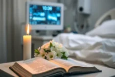 Cómo Orar por un Enfermo Hospitalizado: Biblia abierta con flores blancas y vela encendida, en un ambiente hospitalario, promoviendo serenidad y oración.