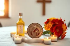 Cómo Rezar la Oración a San Expedito para la Salud: Un altar con una medalla de San Expedito, una cruz de madera, aceites, flores rojas y velas encendidas, evocando devoción y esperanza.