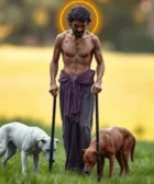 Cómo Rezar la Oración a San Lázaro: Imagen de San Lázaro caminando con dos perros, iluminado por un halo dorado, en un entorno natural, evocando espiritualidad y devoción.