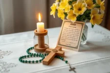 Cuándo usar esta Oración para Pedir por un Amigo Enfermo: Cruz de madera junto a un rosario verde, vela encendida y flores amarillas en una mesa blanca.