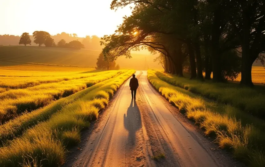 Dios, Ayúdame a Ser Fuerte: Imagen de un hombre caminando solo por un camino rural, rodeado de campos dorados iluminados por la luz cálida del atardecer, transmitiendo paz y esperanza.