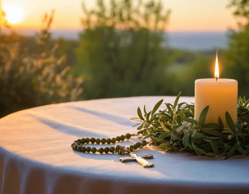 Frases Pidiendo a Dios por la Salud, muestra una vela encendida rodeada de una corona de ramas verdes y un rosario con una cruz, sobre una mesa al aire libre al atardecer.