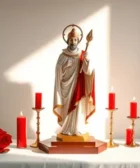 Frases Poderosas para Invocar la Intercesión de San Cipriano: Estatua de San Cipriano rodeada de velas rojas encendidas y una rosa, iluminada por un rayo de luz sobre un altar blanco.