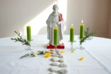 Frases Poderosas para Invocar la Intercesión de San Cipriano: Una estatua de San Cipriano rodeada de tres velas verdes encendidas, decorada con ramas de olivo, piedras blancas y pétalos amarillos sobre una mesa blanca minimalista.