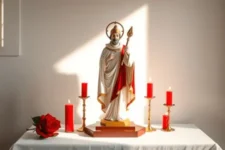 Frases Poderosas para Invocar la Intercesión de San Cipriano: Estatua de San Cipriano rodeada de velas rojas encendidas y una rosa, iluminada por un rayo de luz sobre un altar blanco.