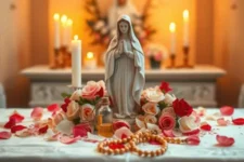 Frases Poderosas para Invocar la Sanación Divina: Imagen de un altar con una estatua de la Virgen María rodeada de pétalos de rosa, velas encendidas y un rosario dorado, evocando un ambiente de oración y esperanza.