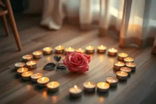 Frases Poderosas para Invocar la Sanación Divina: Un círculo de velas pequeñas rodeando una rosa roja, creando un ambiente íntimo y espiritual en un espacio iluminado con luz natural.