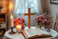 Frases Poderosas para Invocar la Sanación Divina: Una mesa decorada con cruz de madera, velas, y flores lilas y rosadas, junto a una Biblia abierta, en un ambiente cálido y esperanzador.