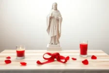 La Oración a San Cipriano para Amarrar Propósito y Espiritualidad: Una estatua blanca de San Cipriano en el centro de una mesa, rodeada de dos velas rojas encendidas y pétalos de rosa.