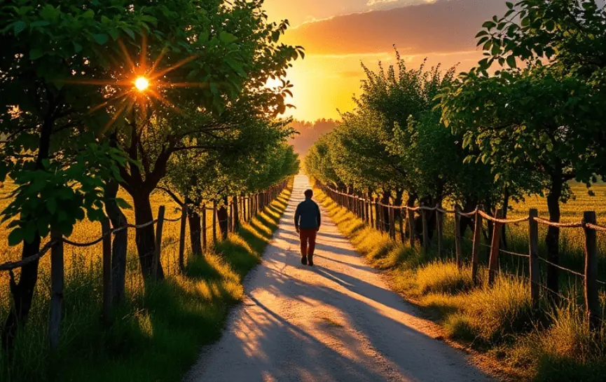 Oración Dios, Ayúdame a Salir Adelante: Un individuo caminando hacia la luz del sol en un camino bordeado de árboles, representando la búsqueda de fortaleza y guía divina.