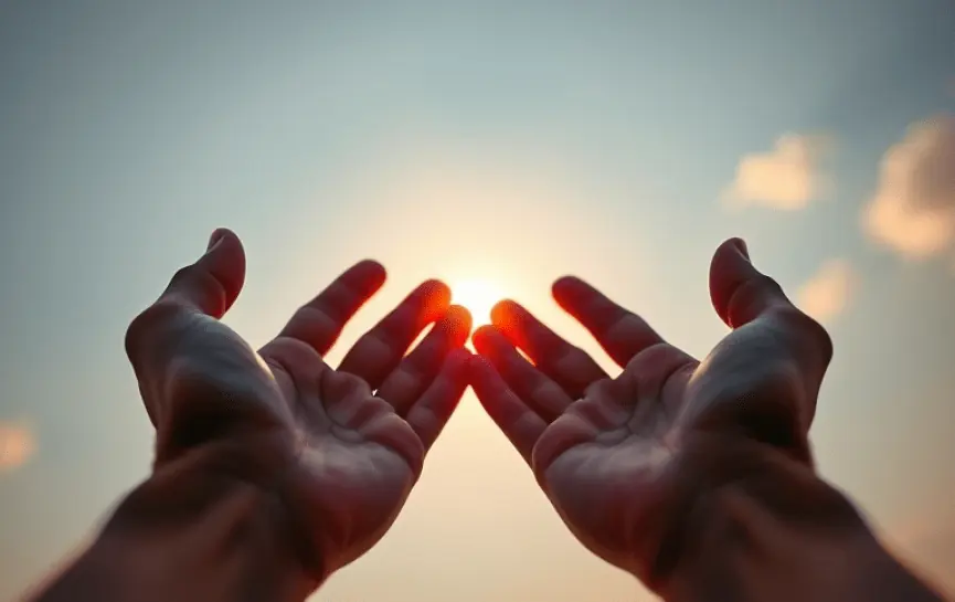 Oración Dios, Ayúdame: Manos abiertas bajo un cielo claro con el sol brillando en el centro, transmitiendo esperanza y espiritualidad.