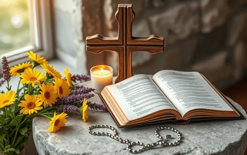 Oración Milagrosa del Padre Pío: La imagen muestra una Biblia abierta sobre una mesa de piedra, acompañada de una cruz de madera, un rosario plateado, flores amarillas y lavanda, y una vela encendida al fondo, creando un ambiente de devoción y esperanza.