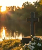 Oración Milagrosa del Padre Pío, muestra una cruz de piedra sobre una colina cubierta de césped y flores blancas, iluminada por los rayos del sol al atardecer, con un lago y árboles al fondo que crean un ambiente sereno y contemplativo.