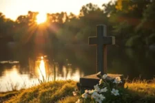 Oración Milagrosa del Padre Pío, muestra una cruz de piedra sobre una colina cubierta de césped y flores blancas, iluminada por los rayos del sol al atardecer, con un lago y árboles al fondo que crean un ambiente sereno y contemplativo.