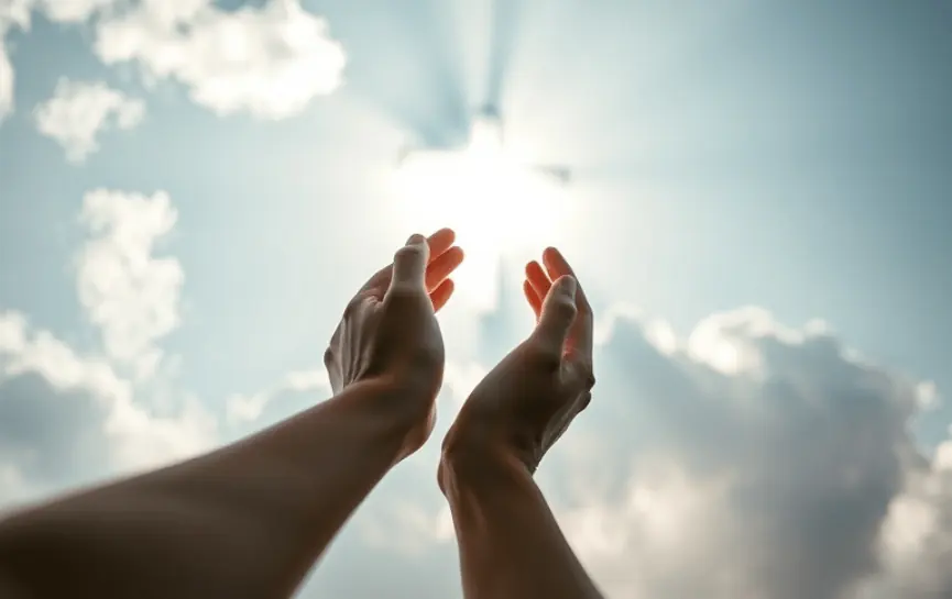 Oración Milagrosa para la Salud, muestra manos extendidas hacia un cielo azul con nubes, iluminadas por un rayo de luz brillante que forma una cruz en el centro.