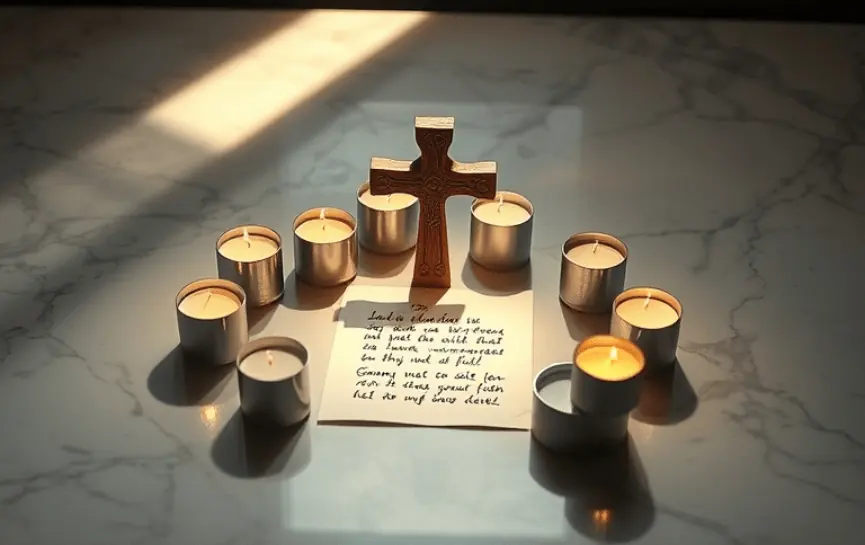Oración Milagrosa para Pedir la Sanación de un Enfermo 10 Oración Milagrosa para la Salud de un Enfermo, muestra una cruz de madera rodeada de velas encendidas y una nota manuscrita sobre una superficie de mármol, iluminada por luz natural que entra desde un ángulo.