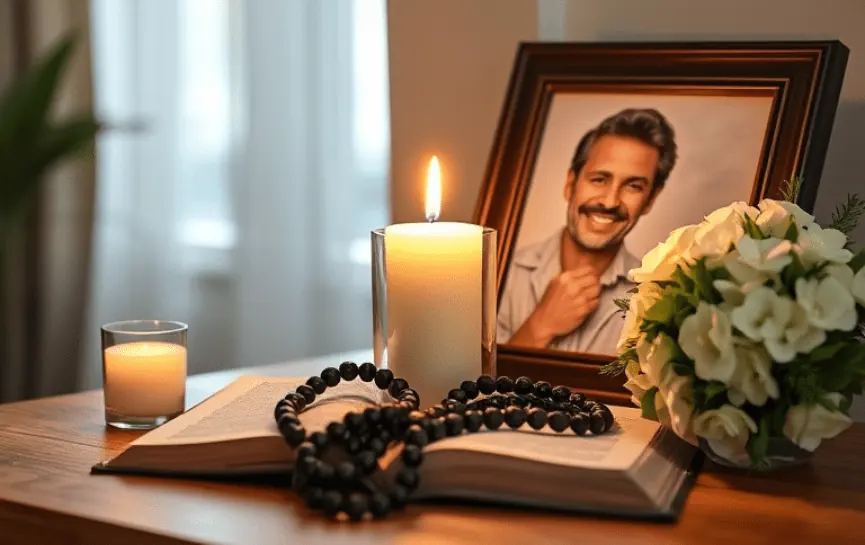 Oración Pidiendo por la Salud de Mi Padre: La imagen muestra una vela encendida junto a un retrato de un hombre sonriente, sobre una mesa con una Biblia abierta, un rosario y flores blancas.