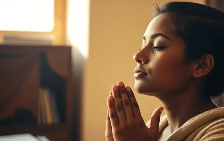 Oración Poderosa Para Sanar Enfermedades Del Corazón: Una mujer con manos en oración y ojos cerrados, en actitud serena de fe y esperanza, con luz cálida en el fondo creando un ambiente íntimo.