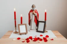 Oración Poderosa San Cipriano para que Regrese Arrepentido: Una vela roja encendida junto a un ramo de rosas y un corazón de cera sobre una mesa blanca, iluminada por la luz de la ventana.