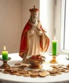 Oración Poderosa a San Cipriano para el Dinero: Imagen de un altar con monedas, una vela verde encendida y una carta de oración al fondo, iluminada suavemente por la luz del día.