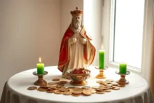 Oración Poderosa a San Cipriano para el Dinero: Imagen de un altar con monedas, una vela verde encendida y una carta de oración al fondo, iluminada suavemente por la luz del día.