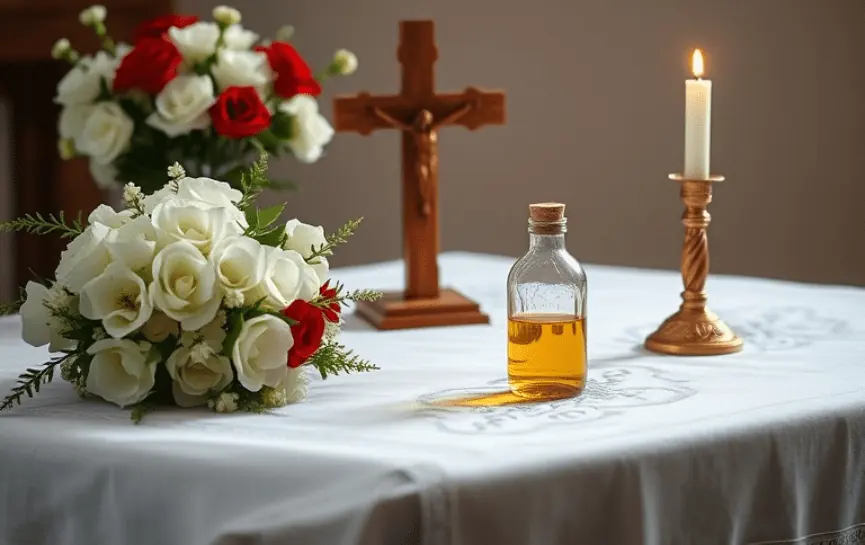 Oración a San Charbel para Pedir Salud: Representa una imagen con flores blancas y rojas, una cruz de madera, una vela encendida y un frasco de aceite sobre un altar sencillo.