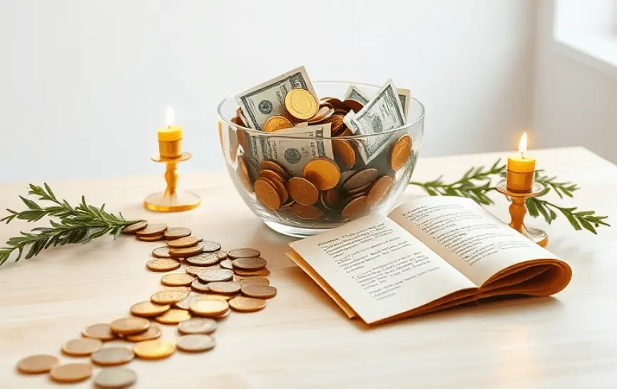 Oración a San Cipriano para Ganar la Lotería: Un cuenco de cristal lleno de monedas doradas y billetes, rodeado de ramas verdes, velas amarillas encendidas y un libro abierto con texto, sobre una mesa de madera clara.