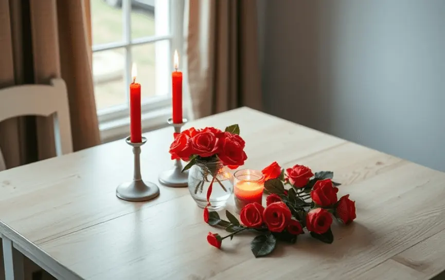 Oración a San Cipriano para que me Busque Desesperadamente: Un ramo de rosas rojas con dos velas encendidas en candelabros, creando un ambiente romántico y espiritual sobre una mesa de madera clara.