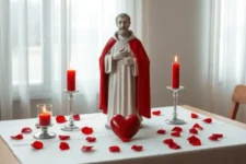 Oración a San Cipriano para que Me Busque: Imagen de una estatua de San Cipriano sobre una mesa decorada con pétalos rojos, velas encendidas y un corazón ornamental.